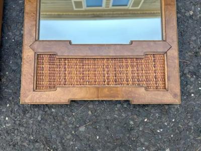  Thomasville Furniture Handsome Pair Thomasville Burl Wood Cane Tall Mirrors Mid century Modern