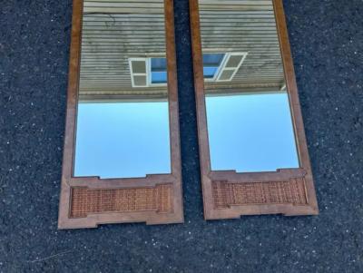  Thomasville Furniture Handsome Pair Thomasville Burl Wood Cane Tall Mirrors Mid century Modern