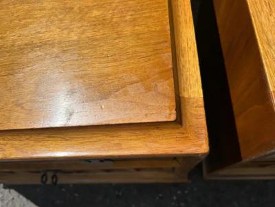  Thomasville Furniture Handsome Pair Thomasville Burl Wood Caned Front Night Stands Mid Century Modern