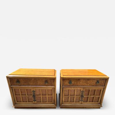  Thomasville Furniture Handsome Pair Thomasville Burl Wood Caned Front Night Stands Mid Century Modern