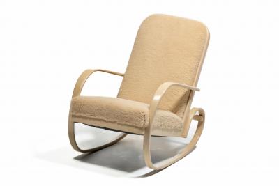 Thonet Art Deco Streamline Rocking Chair in Oatmeal Shearling Bleached Bentwood Arms