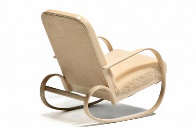  Thonet Art Deco Streamline Rocking Chair in Oatmeal Shearling Bleached Bentwood Arms