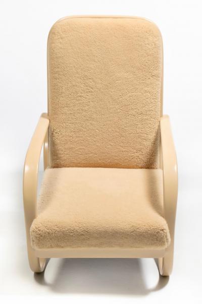  Thonet Art Deco Streamline Rocking Chair in Oatmeal Shearling Bleached Bentwood Arms