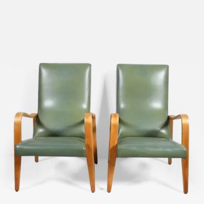  Thonet Pair of Thonet Birch Bentwood and Pale Olive Naugahyde High Back Lounge Chairs