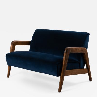  Thonet Russel Wright for Thonet Settee in Navy Velvet Tiger Maple