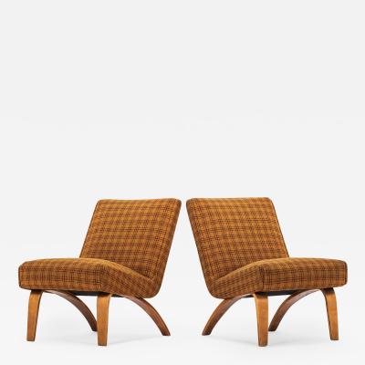  Thonet Set of Two 2 Bentwood Slipper Chairs in Original Yellow Plaid Wool Fabric