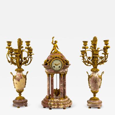  Tiffany Co A FRENCH BRECHE VIOLETTE MARBLE ORMOLU BRONZE CLOCK GARNITURE RETAILED