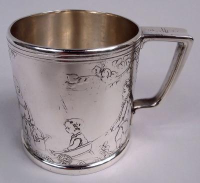  Tiffany Co Antique Tiffany Art Deco Sterling Silver Baby Cup with Child Gardeners
