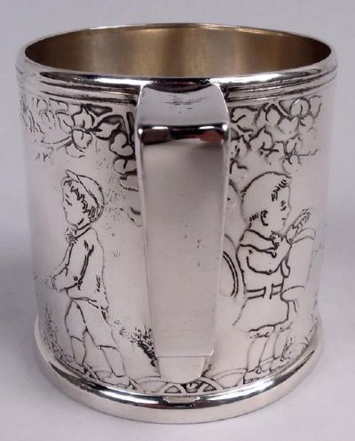  Tiffany Co Antique Tiffany Art Deco Sterling Silver Baby Cup with Child Gardeners