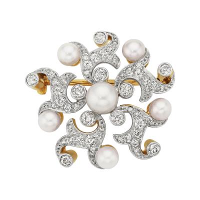  Tiffany Co Antique Tiffany Co Natural Pearl and Diamond Brooch