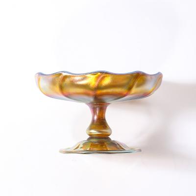  Tiffany Co Art Nouveau Iridescent Yellow Blue Favrile Glass Footed Dish signed Tiffany Co