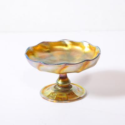  Tiffany Co Art Nouveau Iridescent Yellow Blue Favrile Glass Footed Dish signed Tiffany Co