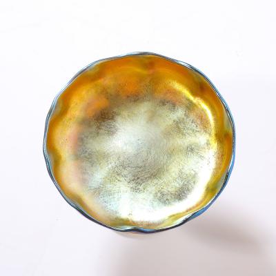  Tiffany Co Art Nouveau Iridescent Yellow Blue Favrile Glass Footed Dish signed Tiffany Co