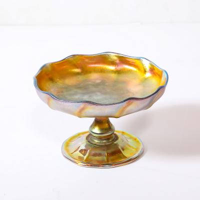  Tiffany Co Art Nouveau Iridescent Yellow Blue Favrile Glass Footed Dish signed Tiffany Co