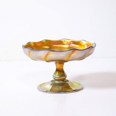  Tiffany Co Art Nouveau Iridescent Yellow Blue Favrile Glass Footed Dish signed Tiffany Co
