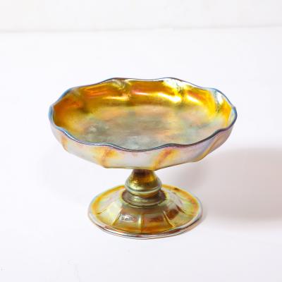  Tiffany Co Art Nouveau Iridescent Yellow Blue Favrile Glass Footed Dish signed Tiffany Co