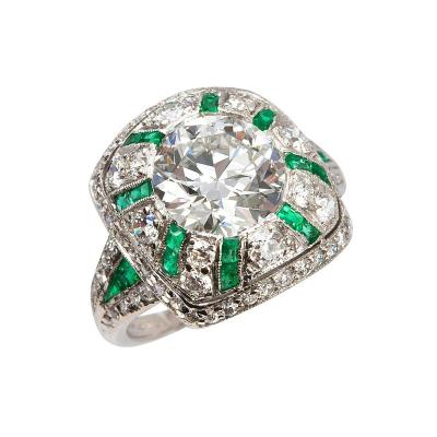  Tiffany Co Old European Cut Diamond Ring with Emeralds