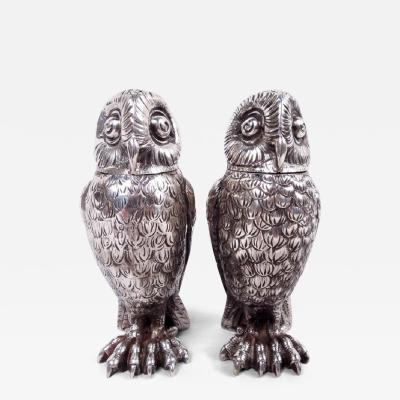  Tiffany Co Pair of Antique Tiffany Wise Bird Owl Salt Pepper Shakers