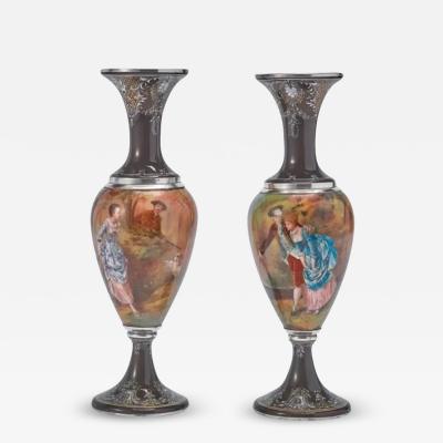  Tiffany Co Pair of French Silver Limoges Enamel Vases Retailed by Tiffany Co 