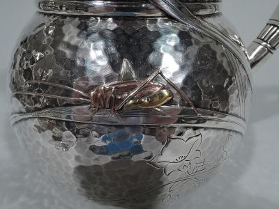  Tiffany Co Rare Tiffany Mixed Metal Hand Hammered Water Pitcher with Dragonfly