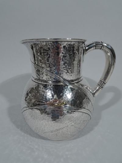  Tiffany Co Rare Tiffany Mixed Metal Hand Hammered Water Pitcher with Dragonfly