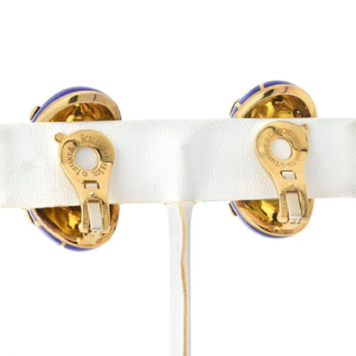  Tiffany Co SCHLUMBERGER PLATINUM 18K YELLOW GOLD LOZENGE BLUE ENAMEL EARRINGS