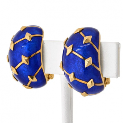  Tiffany Co SCHLUMBERGER PLATINUM 18K YELLOW GOLD LOZENGE BLUE ENAMEL EARRINGS