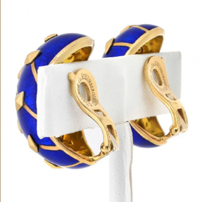  Tiffany Co SCHLUMBERGER PLATINUM 18K YELLOW GOLD LOZENGE BLUE ENAMEL EARRINGS