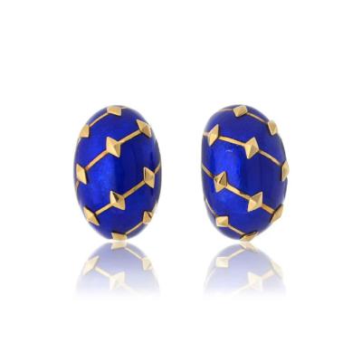  Tiffany Co SCHLUMBERGER PLATINUM 18K YELLOW GOLD LOZENGE BLUE ENAMEL EARRINGS