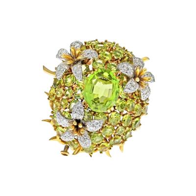  Tiffany Co SCHLUMBERGER PLATINUM 18K YELLOW GOLD OVAL CUT PERIDOT AND DIAMOND BROOCH