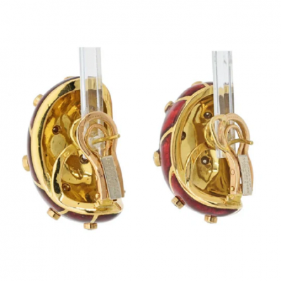 Tiffany Co SCHLUMBERGER PLATINUM 18K YELLOW GOLD RED ENAMEL DIAMOND EARRINGS