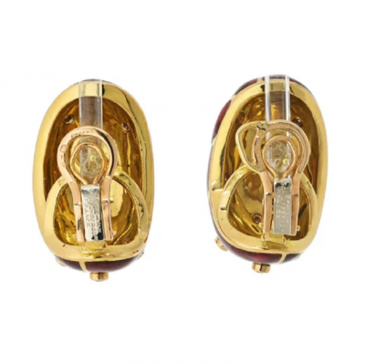  Tiffany Co SCHLUMBERGER PLATINUM 18K YELLOW GOLD RED ENAMEL DIAMOND EARRINGS