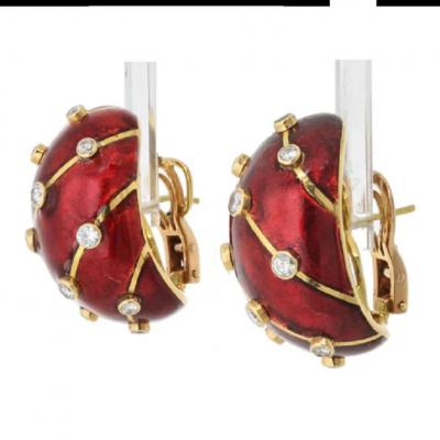  Tiffany Co SCHLUMBERGER PLATINUM 18K YELLOW GOLD RED ENAMEL DIAMOND EARRINGS