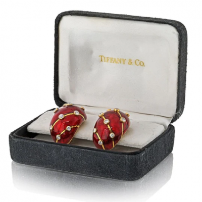  Tiffany Co SCHLUMBERGER PLATINUM 18K YELLOW GOLD RED ENAMEL DIAMOND EARRINGS