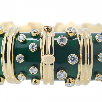  Tiffany Co Schlumberger 18K Yellow Gold Dark Green Enamel And Diamond Bracelet