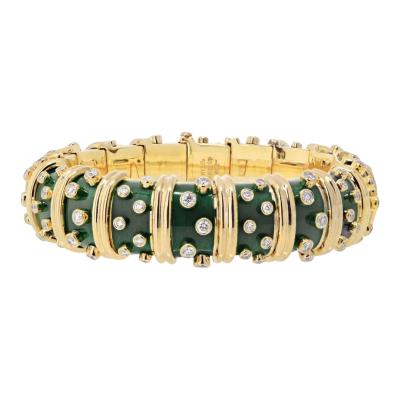  Tiffany Co Schlumberger 18K Yellow Gold Dark Green Enamel And Diamond Bracelet