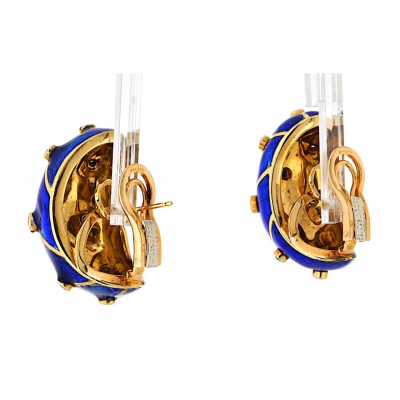 Tiffany Co Schlumberger Platinum 18K Yellow Gold Blue Enamel And Diamond Earrings