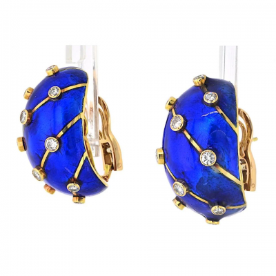 Tiffany Co Schlumberger Platinum 18K Yellow Gold Blue Enamel And Diamond Earrings
