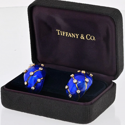 Tiffany Co Schlumberger Platinum 18K Yellow Gold Blue Enamel And Diamond Earrings