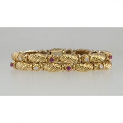 Tiffany Co TIFFANY AND CO 18K YELLOW GOLD RUBY AND DIAMOND DOUBLE ROW BRACELET CIRCA 1990S