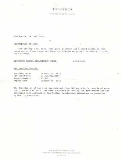 Tiffany Co TIFFANY CO 1 CARAT DIAMOND SOLITAIRE ENGAGEMENT RING