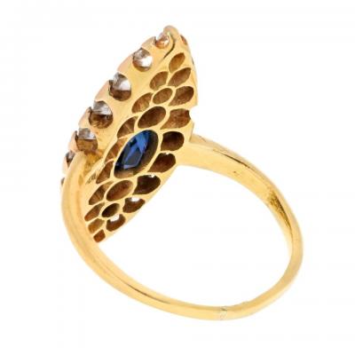  Tiffany Co TIFFANY CO 14K YELLOW GOLD BURMA SAPPHIRE AND OLD CUT DIAMOND NAVETTE RING