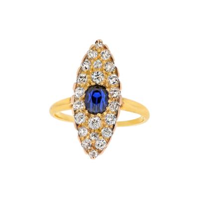  Tiffany Co TIFFANY CO 14K YELLOW GOLD BURMA SAPPHIRE AND OLD CUT DIAMOND NAVETTE RING