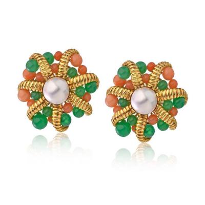  Tiffany Co TIFFANY CO 18K GOLD CULTURED PEARL CORAL CHRYSOPRASE CLIP ON EARRINGS