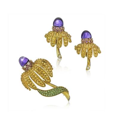  Tiffany Co TIFFANY CO 18K GOLD SAPPHIRE AMETHYST TSAVORITE DIAMOND EARRINGS BROOCH