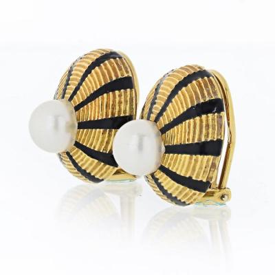  Tiffany Co TIFFANY CO 18K YELLOW GOLD BLACK ENAMEL AND PEARL TAJ MAHAL CLIP ON EARRINGS