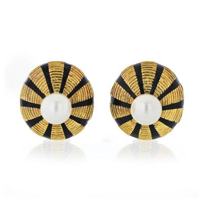  Tiffany Co TIFFANY CO 18K YELLOW GOLD BLACK ENAMEL AND PEARL TAJ MAHAL CLIP ON EARRINGS