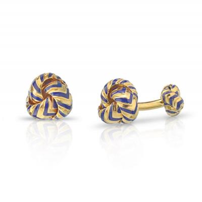  Tiffany Co TIFFANY CO 18K YELLOW GOLD CHEVRON BLUE ENAMEL KNOT CUFF LINKS