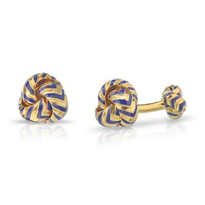  Tiffany Co TIFFANY CO 18K YELLOW GOLD CHEVRON BLUE ENAMEL KNOT CUFF LINKS