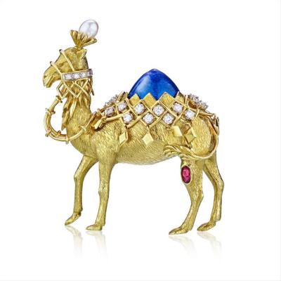  Tiffany Co TIFFANY CO 18K YELLOW GOLD DIAMOND RUBY PEARL AND ENAMEL CAMEL BROOCH